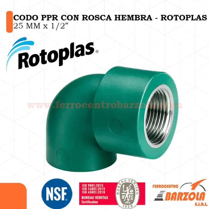 Codo PPR con rosca Hembra 25 mm - 1/2" x 90" - ROTOPLAS