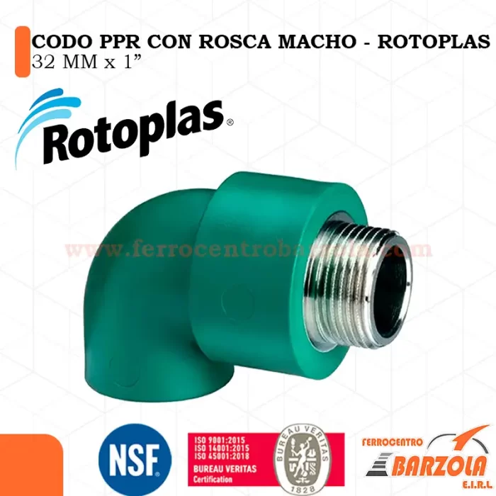 Codo PPR con rosca Macho 32 mm - 1" x 90° - ROTOPLAS