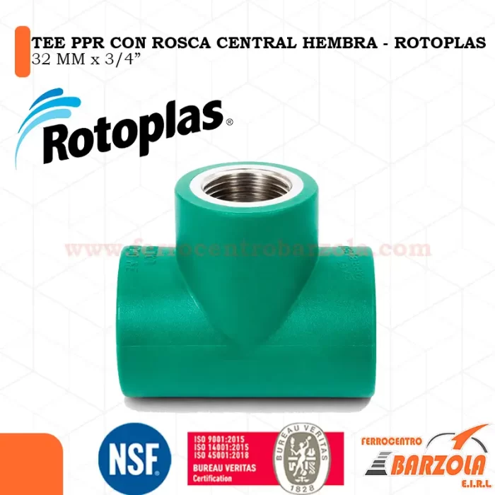 Tee PPR con rosca Hembra 32 mm x 3/4" - ROTOPLAS
