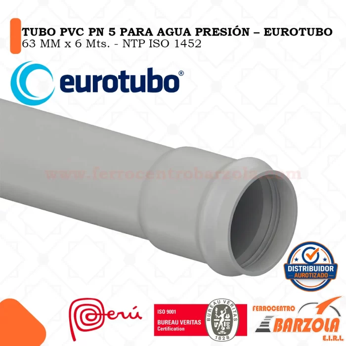 Tubo PVC-UF PN5 63MM x 6m Agua Presión - EUROTUBO