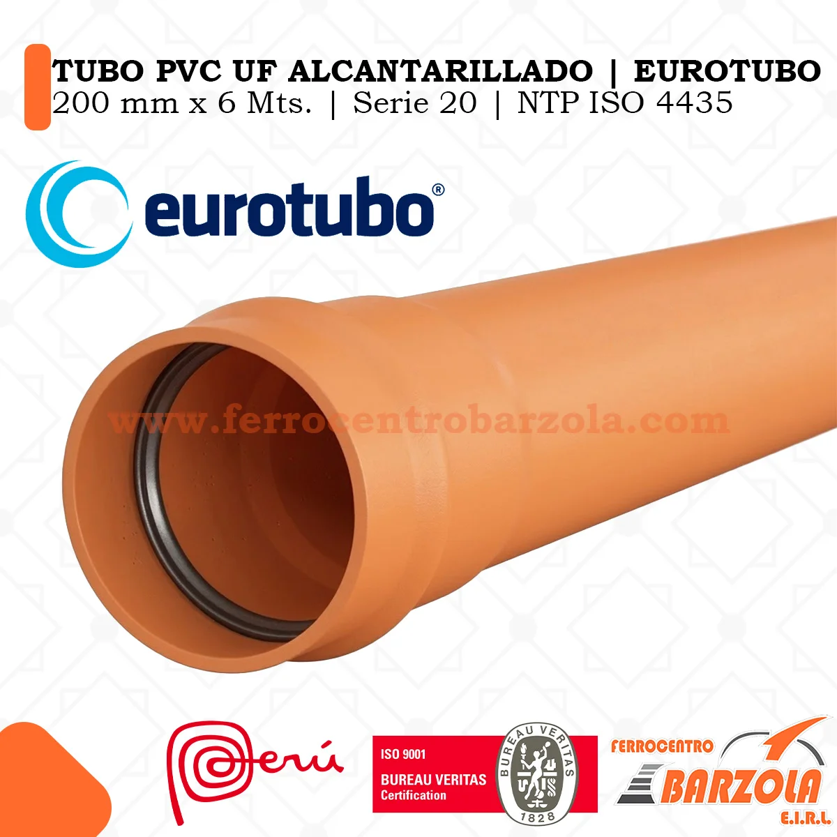 TUBO PVC UF NTP ISO 4435 ALCANTARILLADO S-20 200 MM X 6 MTRS EUROTUBO INCLUYE ANILLO
