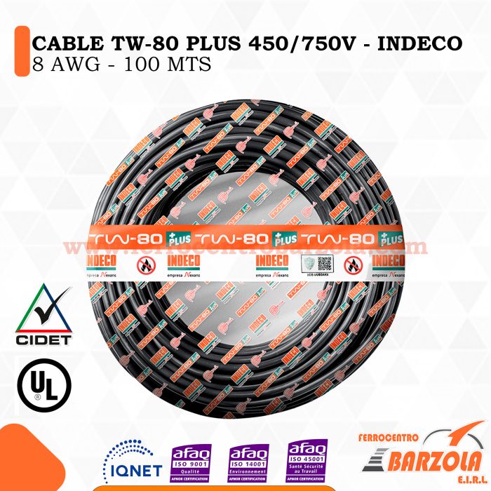 Cable TW-80 PLUS 450/750V 8 AWG X 100 Metros - INDECO