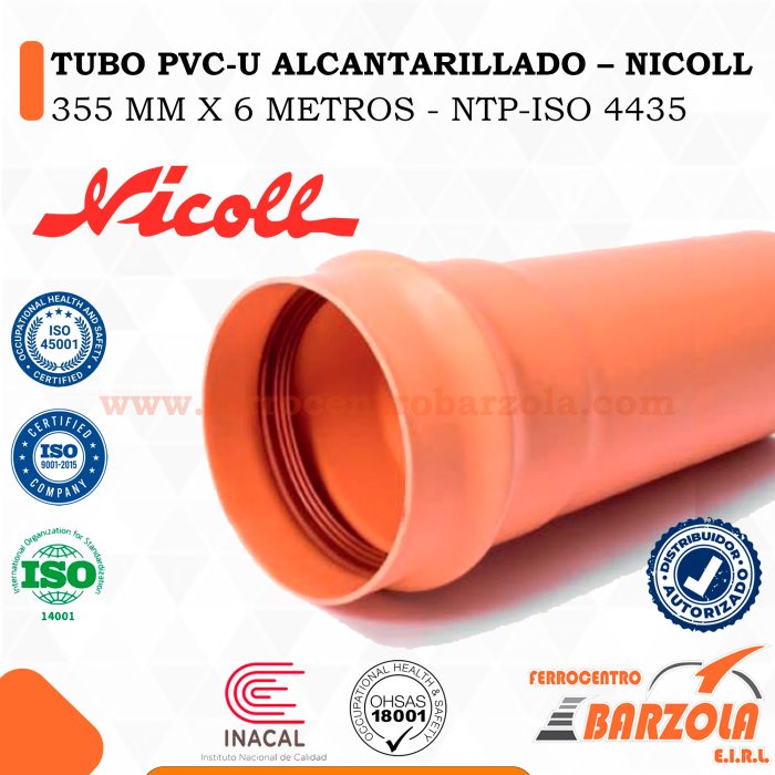 Tubo PVC-U Alcantarillado 355 mm x 6 m - NTP ISO 4435 - NICOLL