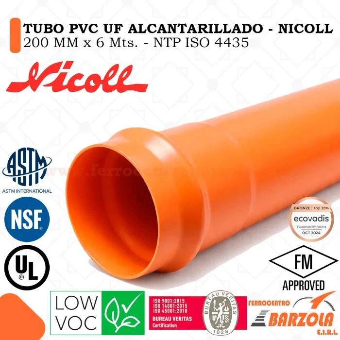 Tubo PVC-U Alcantarillado 200 mm x 6 m - NTP ISO 4435 - NICOLL