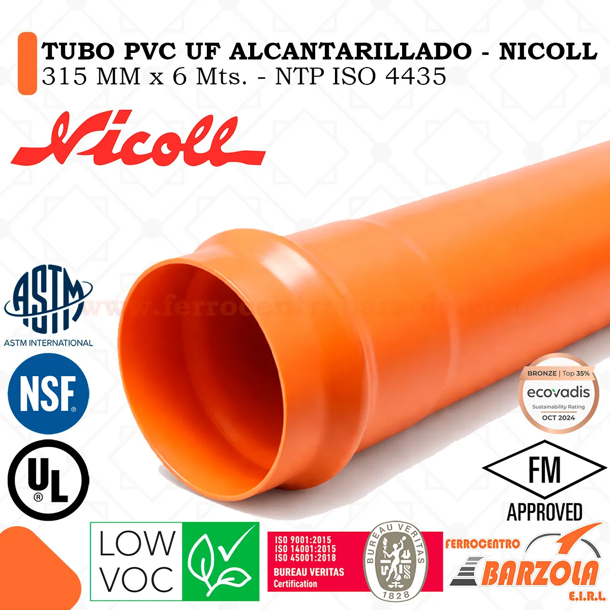 TUBO PVC UF NTP ISO 4435 ALCANTARILLADO 315 MM X 6 MTRS NICOLL INCLUYE ANILLO_4_11zon
