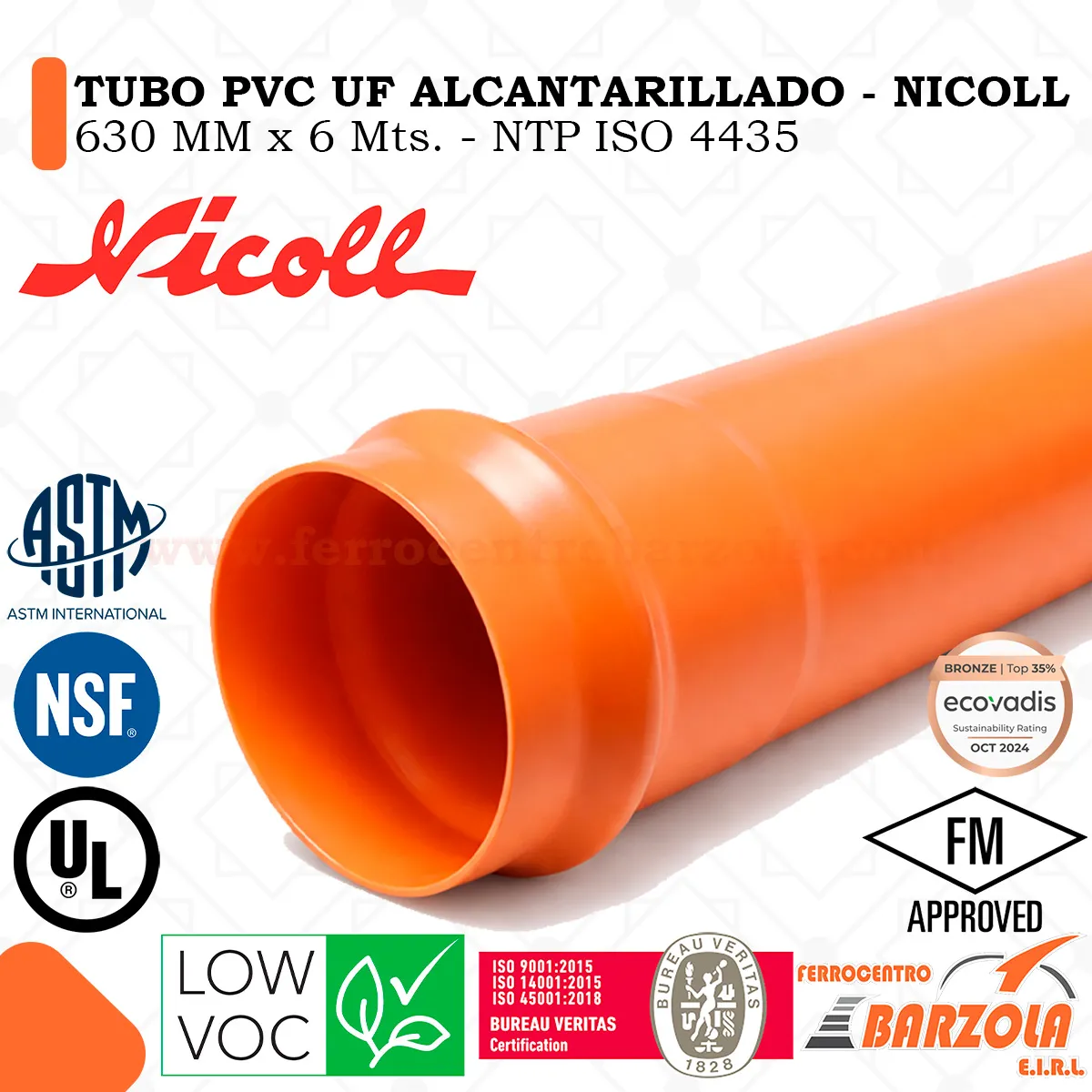 TUBO PVC UF NTP ISO 4435 ALCANTARILLADO 630 MM X 6 MTRS NICOLL INCLUYE ANILLO_9_11zon