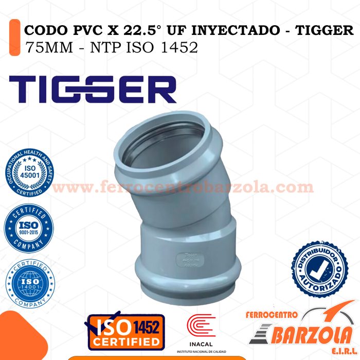 Codo PVC x 22.5° UF Inyectado 75mm - TIGGER