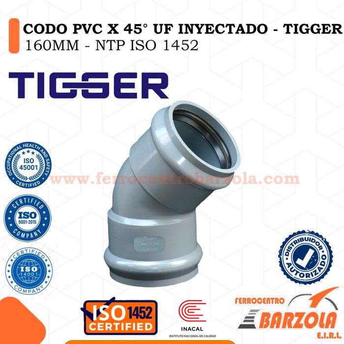 Codo PVC x 45° UF Inyectado 160mm - TIGGER