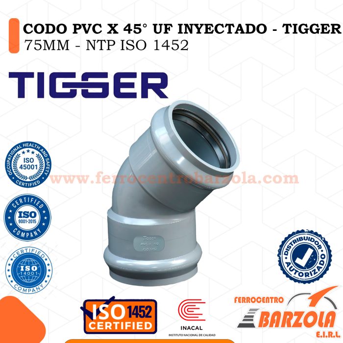Codo PVC x 45° UF Inyectado 75mm - TIGGER