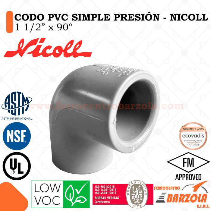 Codo PVC Simple Presión 1 1/2" x 90° - NICOLL