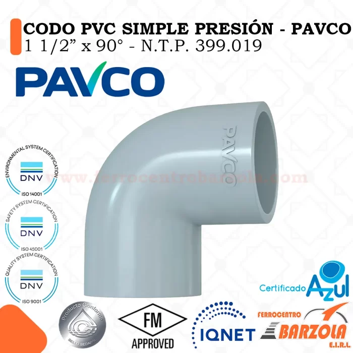 Codo PVC Simple Presión 1 1/2" x 90°- PAVCO