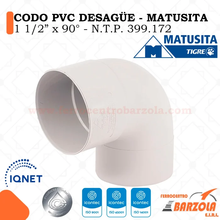 Codo PVC Desagüe 1 1/2" x 90° - MATUSITA