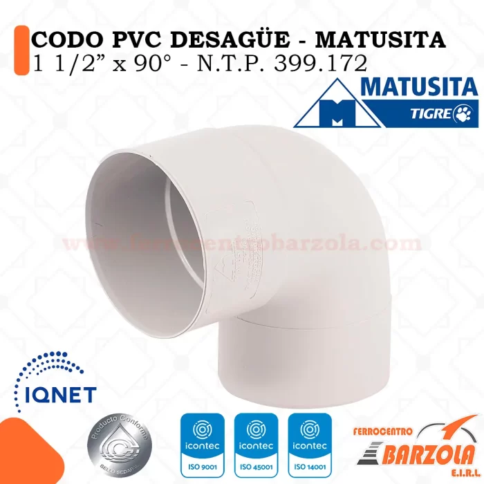 Codo PVC Desagüe 1 1/2" x 90° - MATUSITA