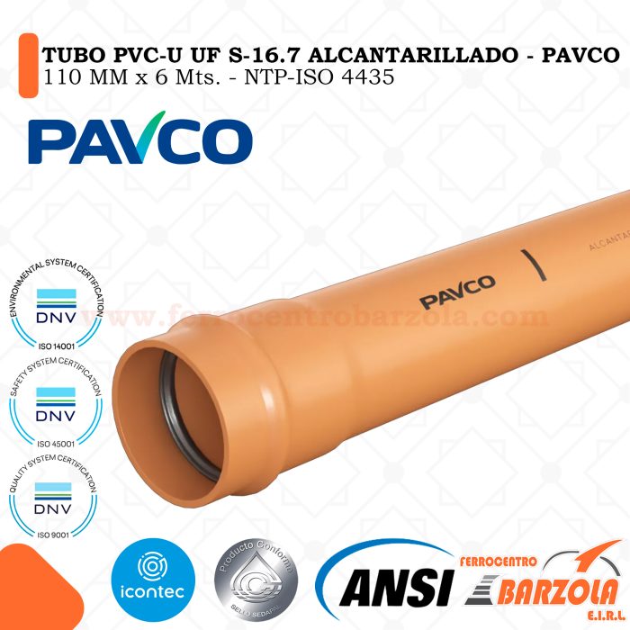 Tubo PVC-U UF S-16.7 Alcantarillado 110mm x 6mts - PAVCO
