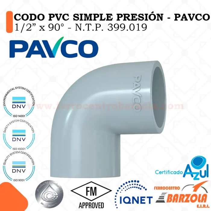 Codo PVC Simple Presión 1/2" x 90°- PAVCO