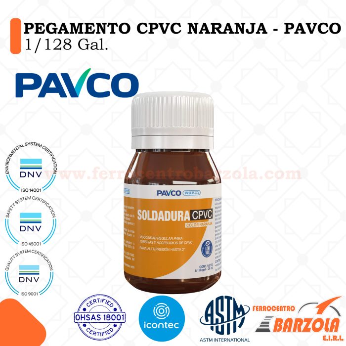 Pegamento CPVC Naranja 1/128 Gal - PAVCO