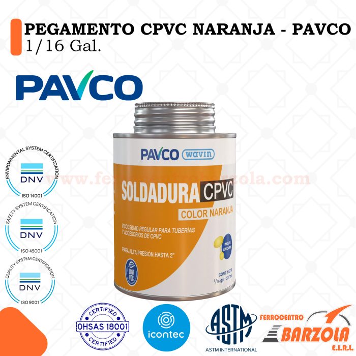 Pegamento CPVC Naranja 1/16 Gal - PAVCO