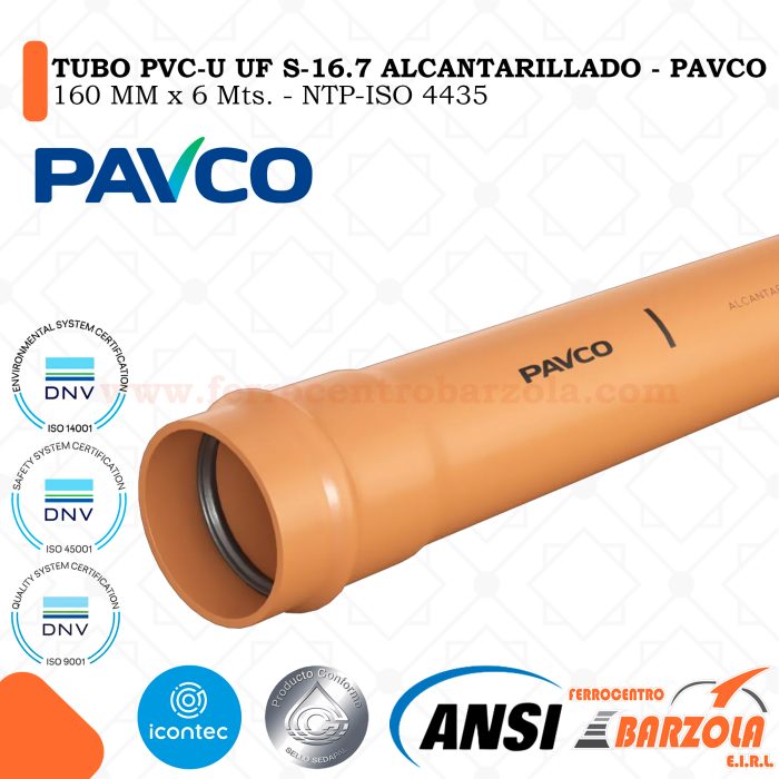 Tubo PVC-U UF S-16.7 Alcantarillado 160mm x 6mts - PAVCO
