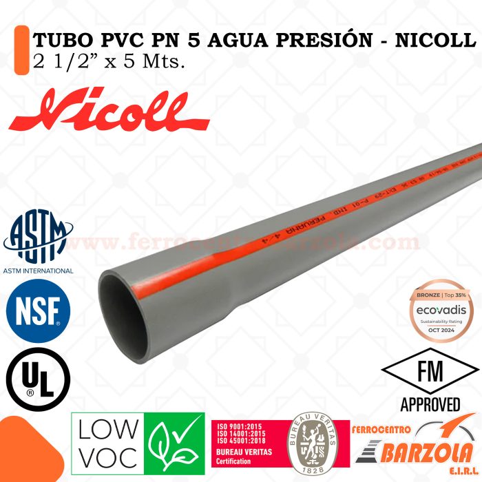 Tubo PVC PN 5 Agua Presión 2 1/2" x 5mts - NICOLL