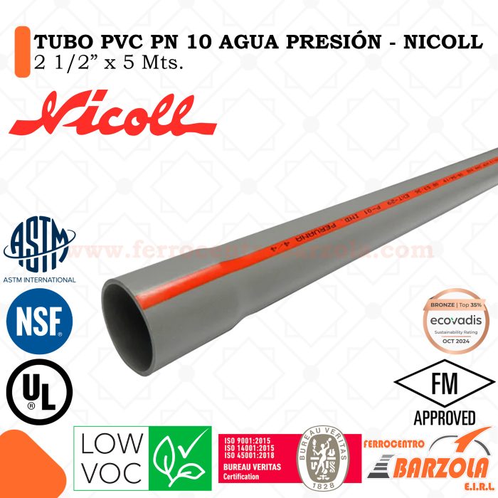 Tubo PVC PN 10 Agua Presión 2 1/2" x 5mts - NICOLL