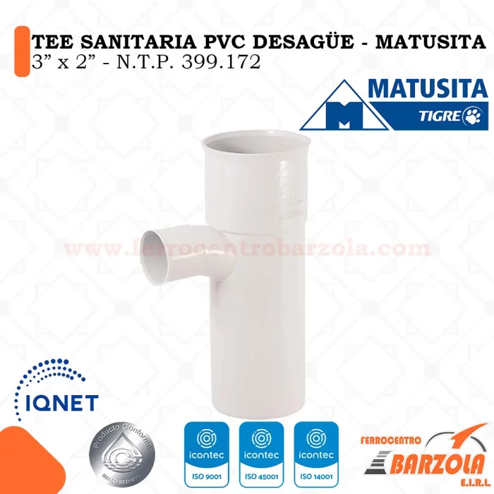 TEE Sanitaria PVC Desagüe 3" x 2" - MATUSITA