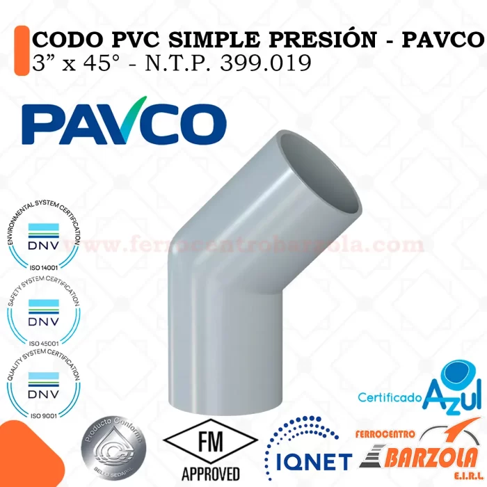 Codo PVC Simple Presión 3" x 45° - PAVCO