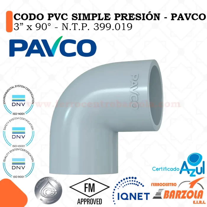 Codo PVC Simple Presión 3" x 90°- PAVCO