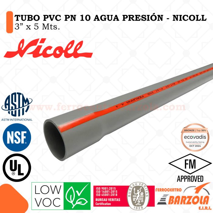 Tubo PVC PN 10 Agua Presión 3" x 5mts - NICOLL