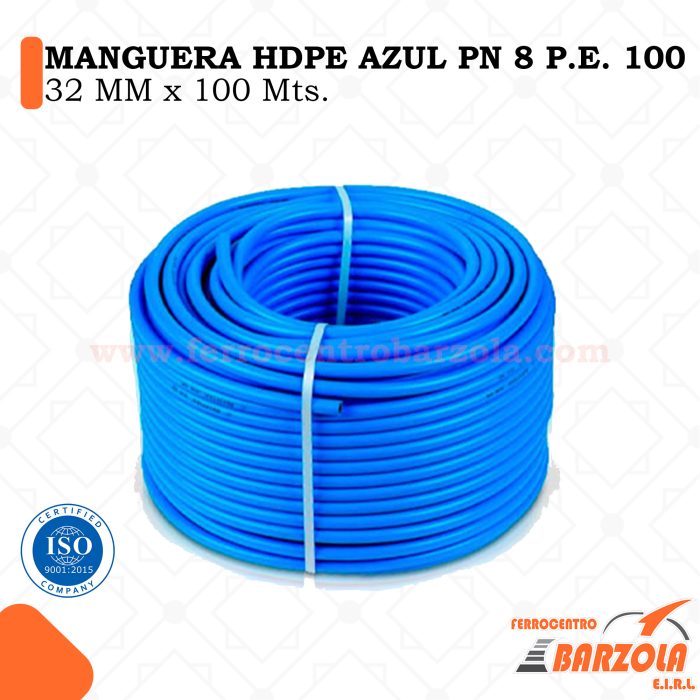 Manguera HDPE Azul PN 8 P.E. 100 - 32mm x 100mts