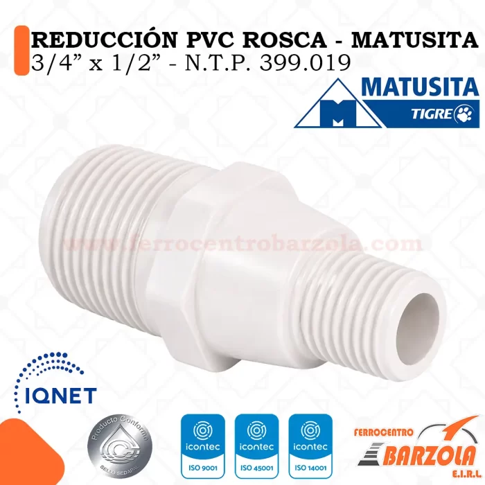 Reducción PVC Con Rosca 3/4" x 1/2" - MATUSITA