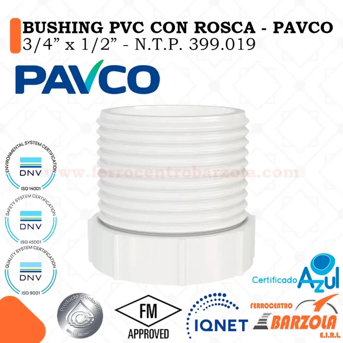 Bushing PVC Con Rosca 3/4" a 1/2" - PAVCO