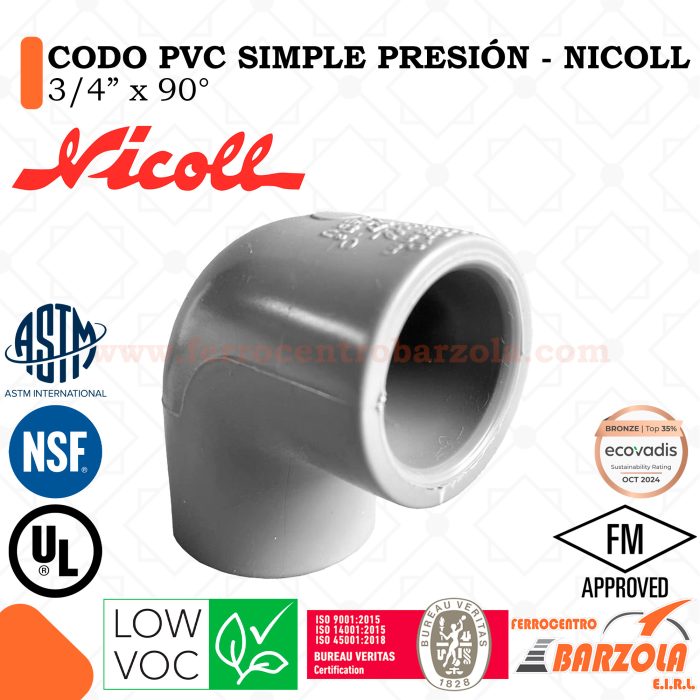 Codo PVC Simple Presión 3/4" x 90° - NICOLL