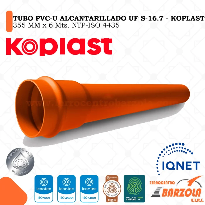 Tubo PVC-U Alcantarillado UF S-16.7 355mm x 6mts - KOPLAST