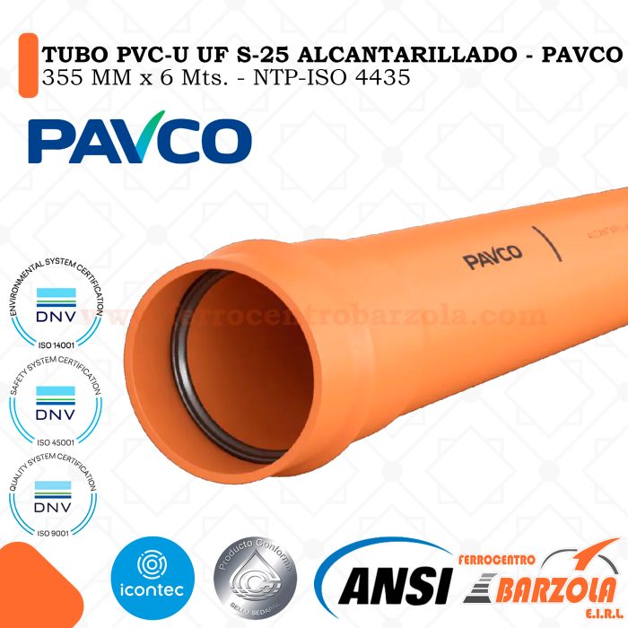 Tubo PVC-U UF S-25 Alcantarillado 355mm x 6mts - PAVCO