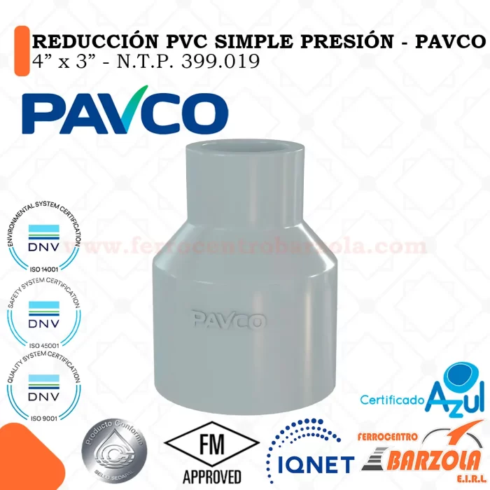 Reducción PVC Simple Presión 4" a 3" - PAVCO