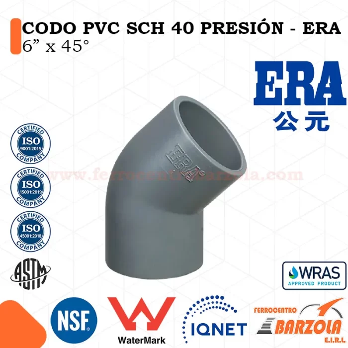 Codo PVC SCH 40 Presión 6" x 45° - ERA