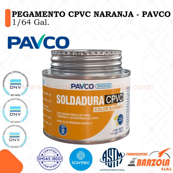 Pegamento CPVC Naranja 1/64 Gal - PAVCO