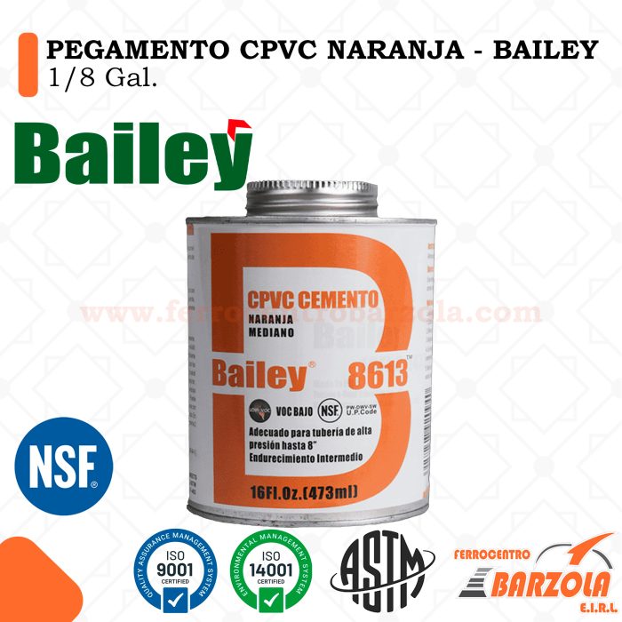 Pegamento CPVC Naranja 1/8 Gal. - BAILEY