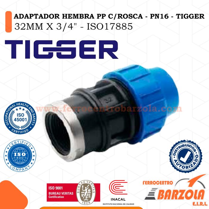 Adaptador Hembra PP Con Rosca 32MM X 3/4" - PN16 - TIGGER