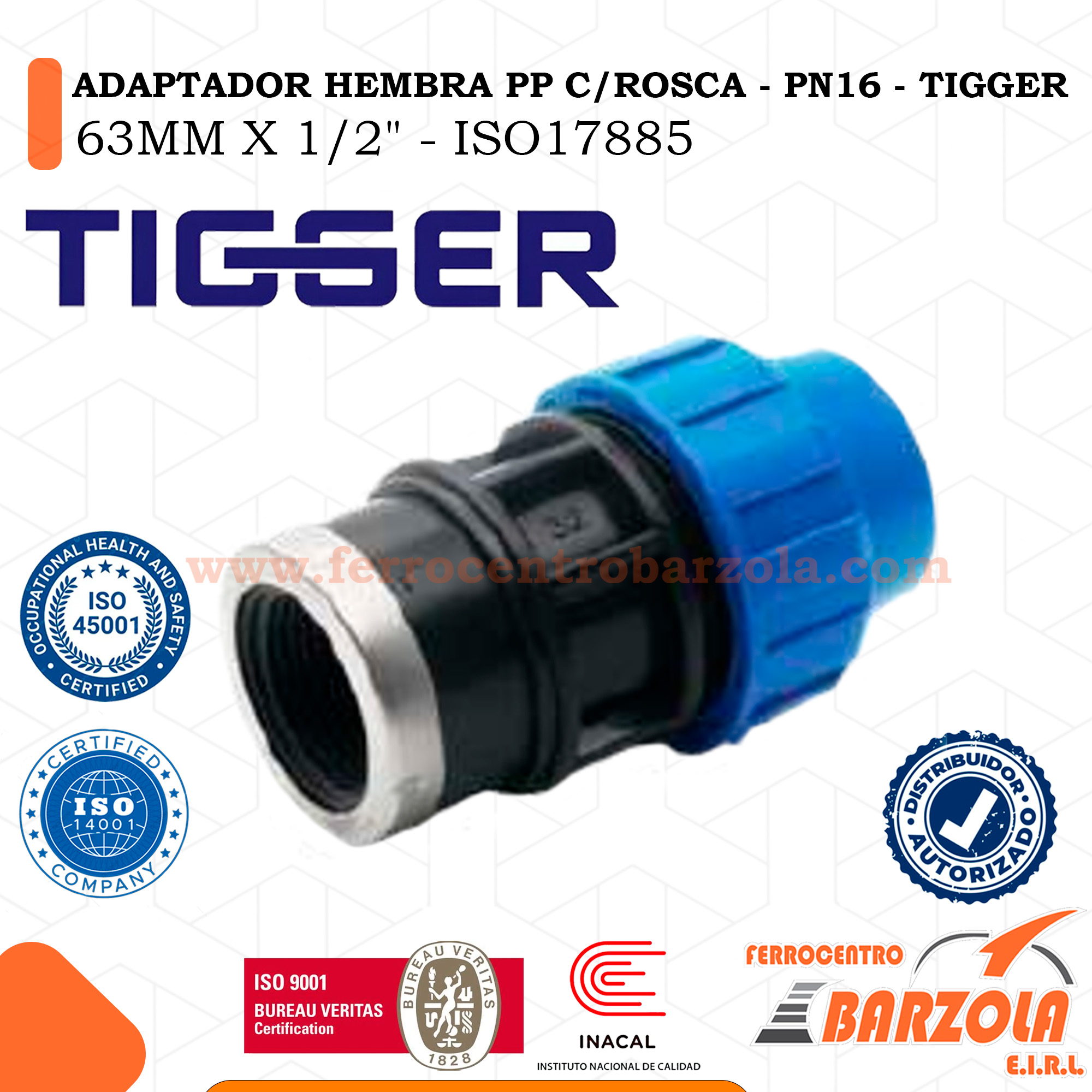 ADAPTADOR HEMBRA PP C.ROSCA - PN16 - TIGGER 63mm x 1.2