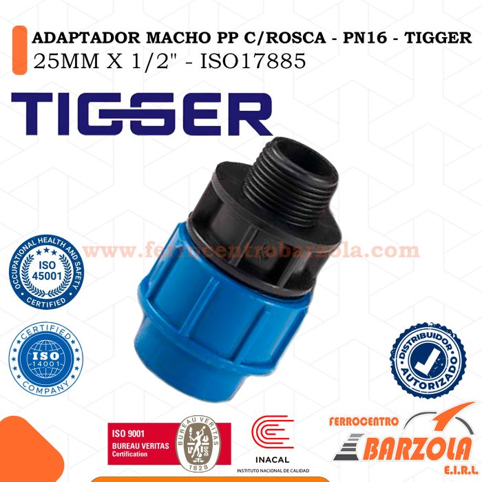 Adaptador Macho PP Con Rosca 25MM X 1/2" - PN16 - TIGGER
