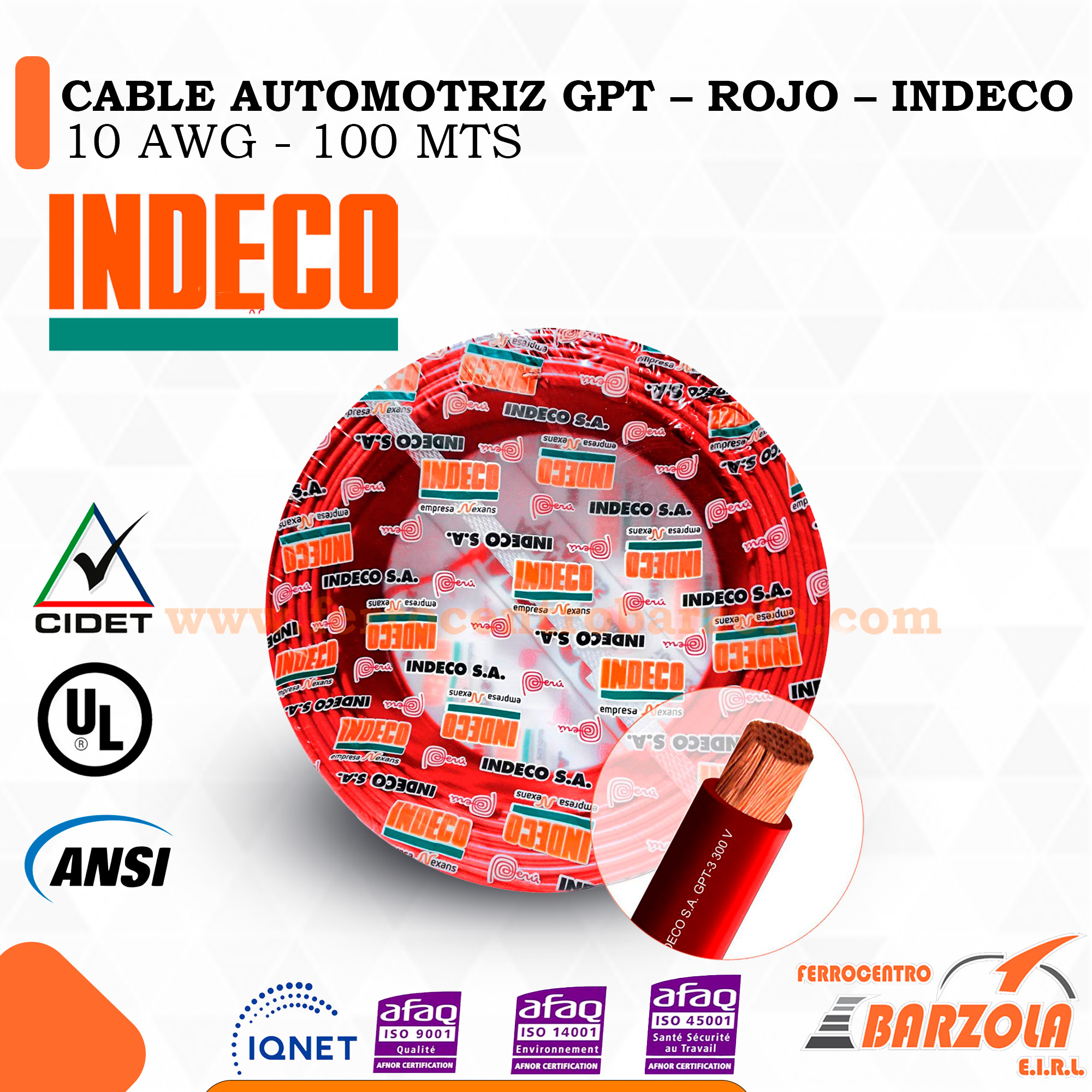 CABLE AUTOMOTRIZ GPT – ROJO – INDECO 10AWG