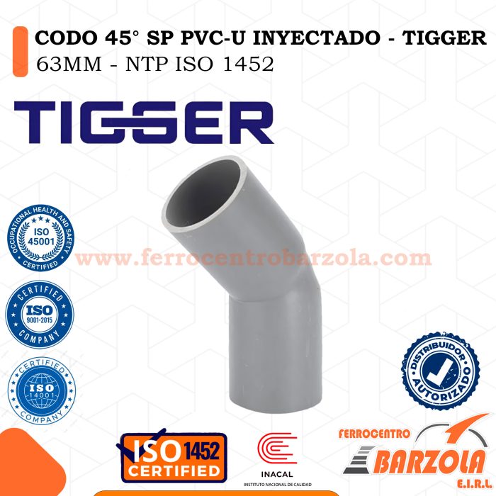 Codo 45° SP PVC-U Inyectado 63mm - TIGGER