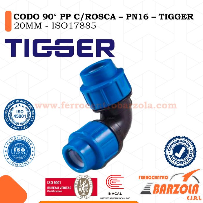 Codo 90° PP Con Rosca 20MM - PN16 - TIGGER