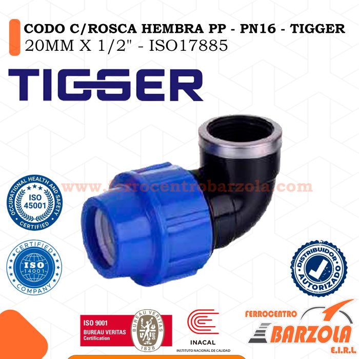 Codo Hembra PP Con Rosca 20MM X 1/2" - PN16 - TIGGER