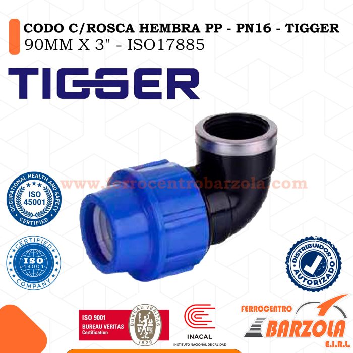 Codo Hembra PP Con Rosca 90MM X 3" - PN16 - TIGGER