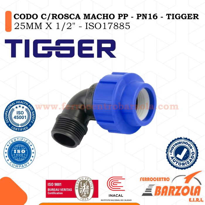 Codo Con Rosca Macho PP 25MM X 1/2" - PN16 - TIGGER