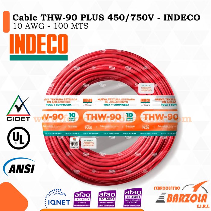 Cable THW-90 PLUS  450/750 V 10 AWG ROJO - INDECO