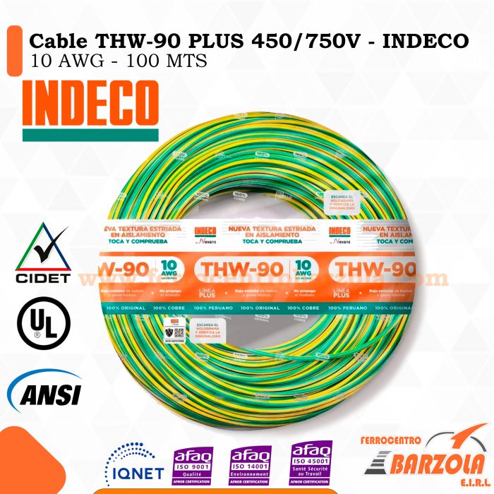 Cable THW-90 PLUS  450/750 V 10 AWG VERDE/AMARILLO - INDECO