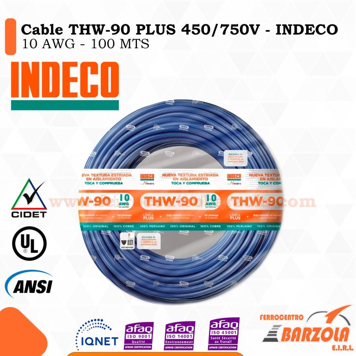 Cable THW-90 PLUS  450/750 V 10 AWG AZUL- INDECO